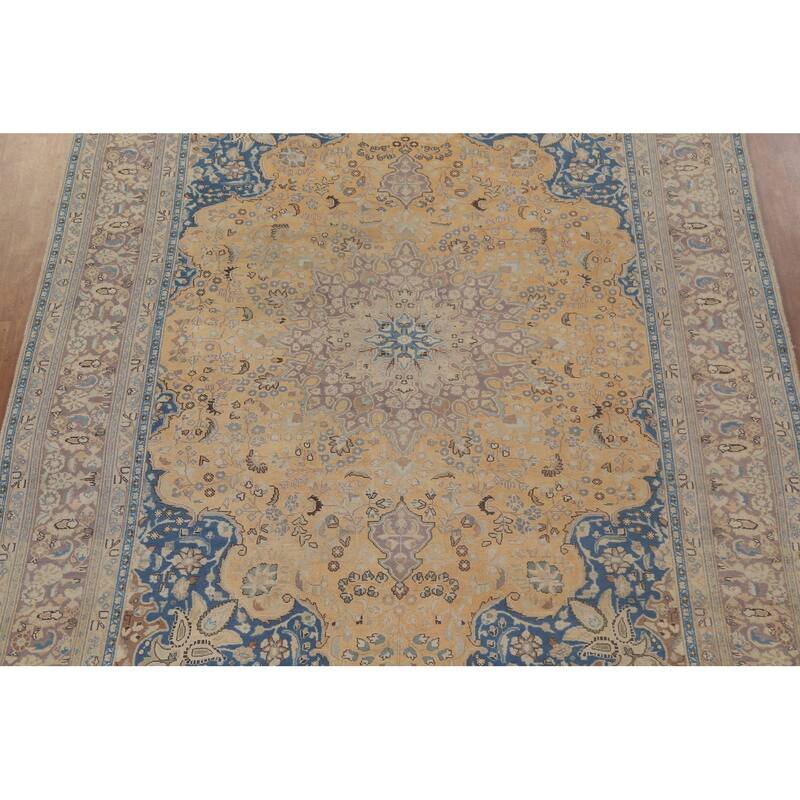 Hand Knotted Oriental 100% Wool Carpet Traditional Floral Yellow & Gold Mashad Area Rug - 12' 8'' X 9' 7''