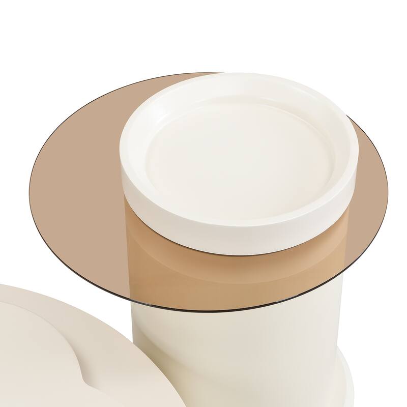 Modern Round Coffee Table Set of 2, 360-Degree Rotatable Flower-shaped Top with 2 Drawers, Top Circle Side Table with Glass