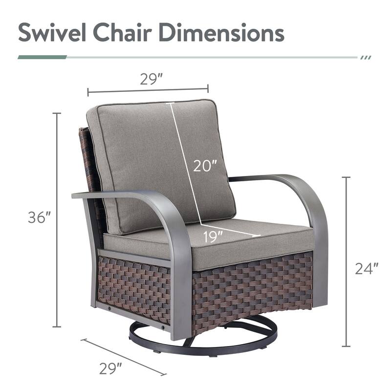 5 Pieces Patio Swivel Chair with Fire Pit Table - Grey Cushion - Brown