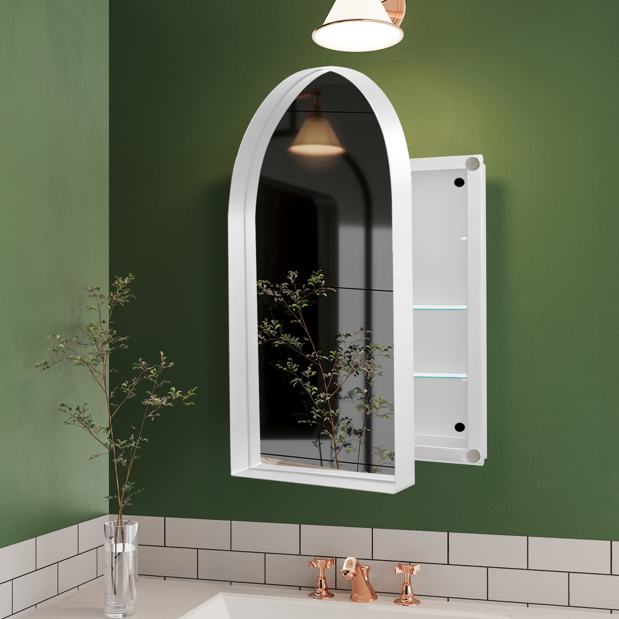 24" * 36" Arched Recessed White Metal Framed Medicine Cabinet with Mirror - 35.8 inches L x 24 inches W x 4.7 inches H