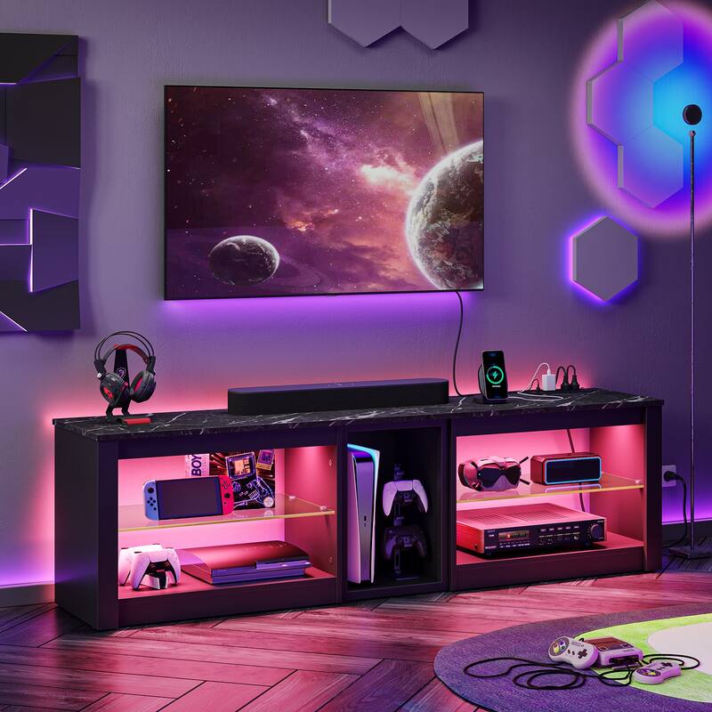 63" TV Stand Gaming Entertainment Center for TVs up to 70" with LED Lights Cabinet and Shelves