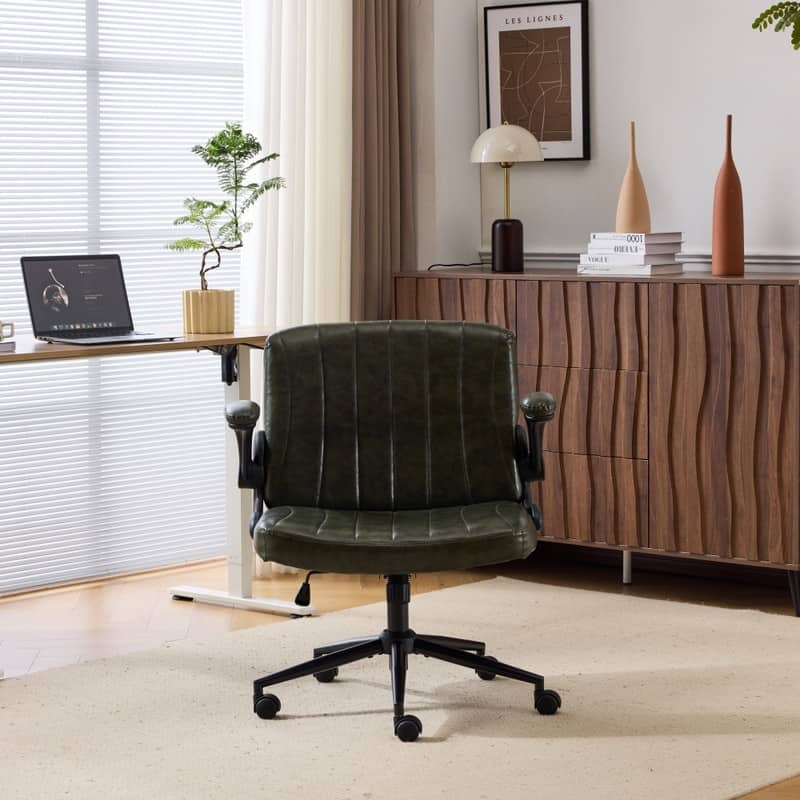 Oil-Waxed Leather Swivel Chair With Flip-Up Armrests
