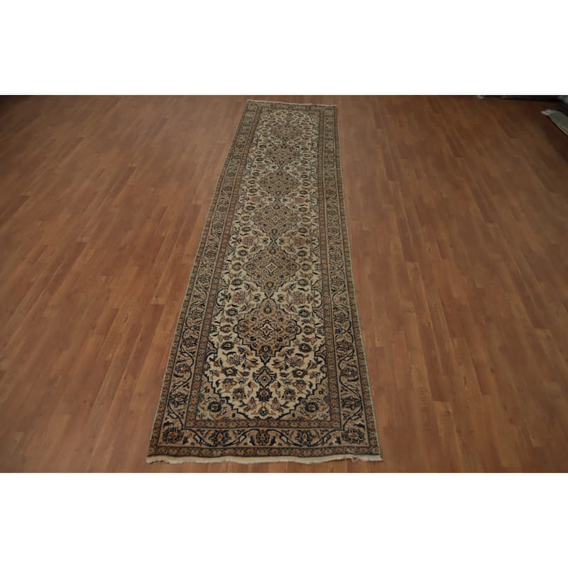 Hand Knotted Oriental 100% Wool Carpet Traditional Floral Beige & Ivories Kashan Runner Rug - 12' 8'' X 3' 3''