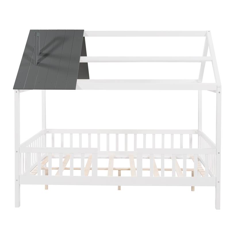 Platform Bed for Kids Teens, House Shaped Bed with Fence and Roof, Solid Wood Low Bedframe w/Slats Support, No Box Spring Needed