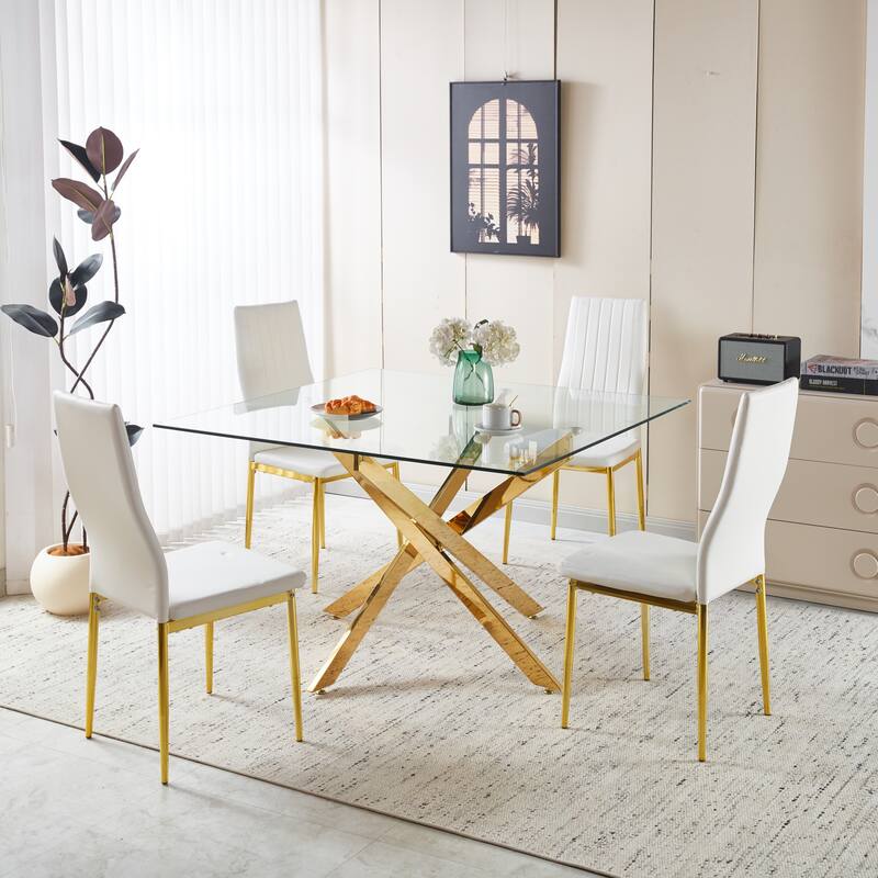 Golden Dining Table with cross metal leg and glass,Modern Space Saving Kitchen Table for Living Room,120x120x75cm square glass