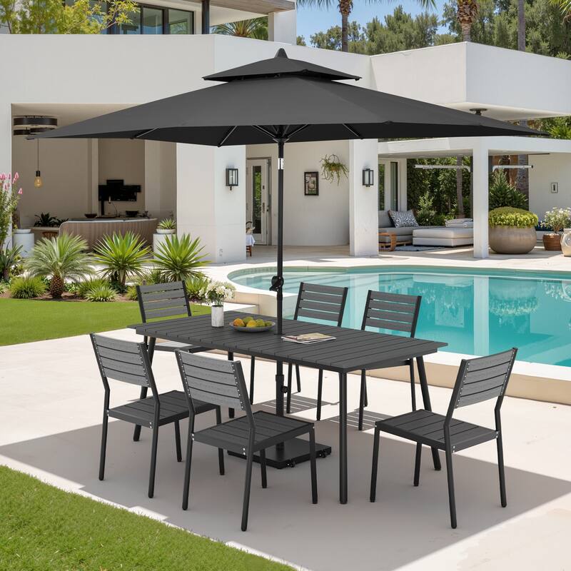 9PC Outdoor Patio Dining Set Wood-Like Aluminum Table with Stackable Chairs,Double Top Market Umbrella and Wheel Base - GreyTable&GreyChairs&BlackUmbrella