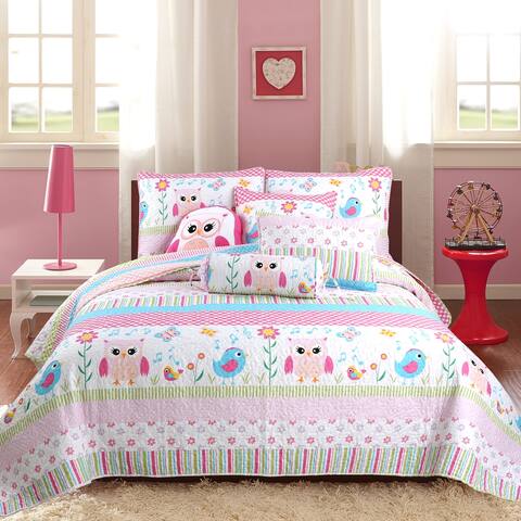 Cozy Line Spring Time Birds Owl Floral Pink Polyester Quilt Bedding Set with Throw Pillows