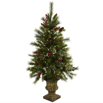 4' Christmas Tree w/Berries, Pine Cones, LED Lights & Decorative Urn