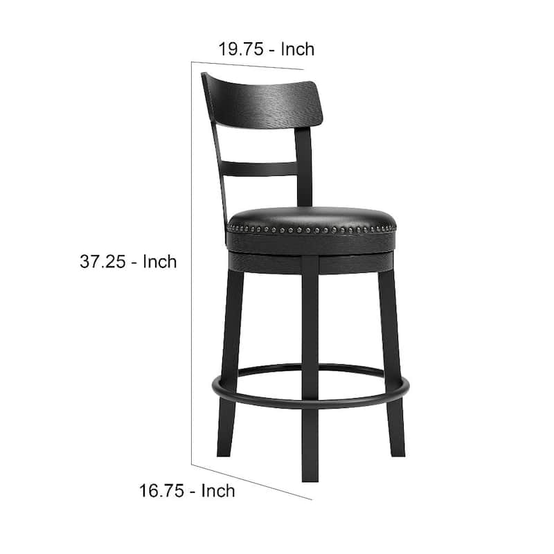 Swivel Barstool with Nailhead Trim and Leatherette Seat, Black - 16.75"L X 19.75 W X 37.25"H