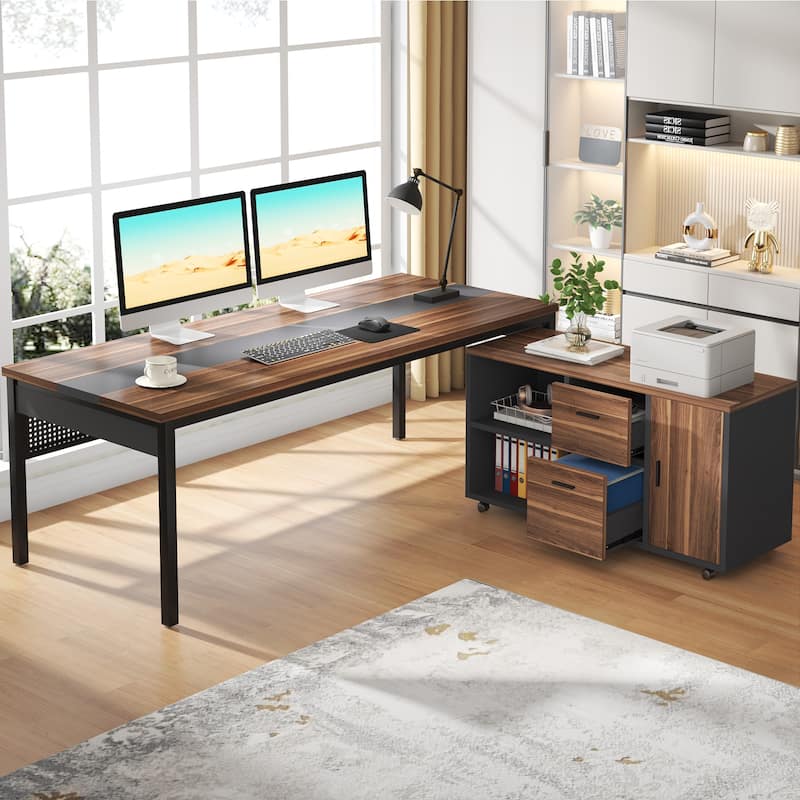 71 Inch Long Office Desk with Drawers & Mobile File Cabinet, L-Shaped Executive Desk with Storage for Home Office