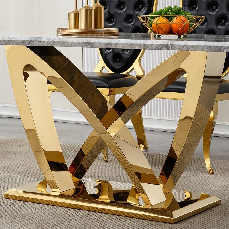 70'' Rectangle Faux Marble Dining Table with Mirrored Finish Stainless Steel Base - Grey+Gold