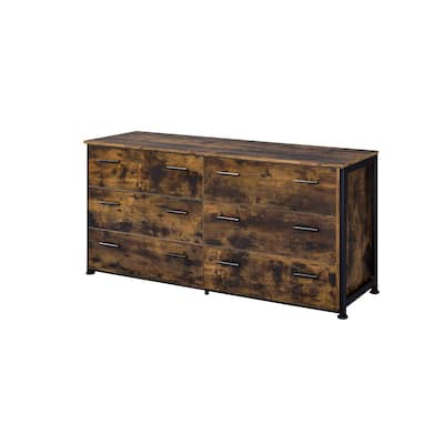 Nat 59 Inch Rustic Wood Dresser, 6 Drawers, Brown and Black