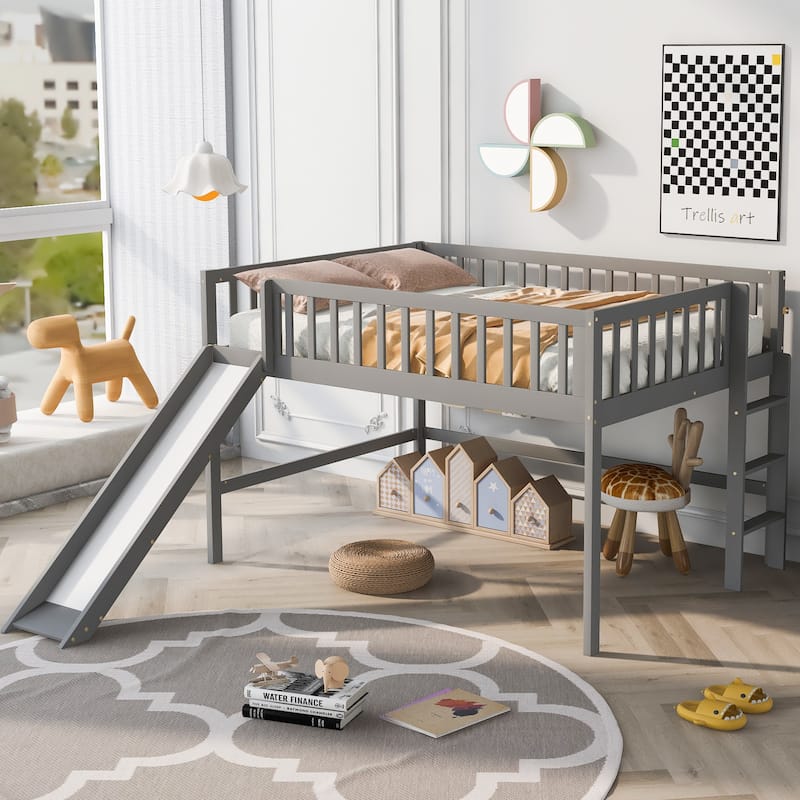 Full Size Low Loft Bed with Ladder and Removable Slide - Gray