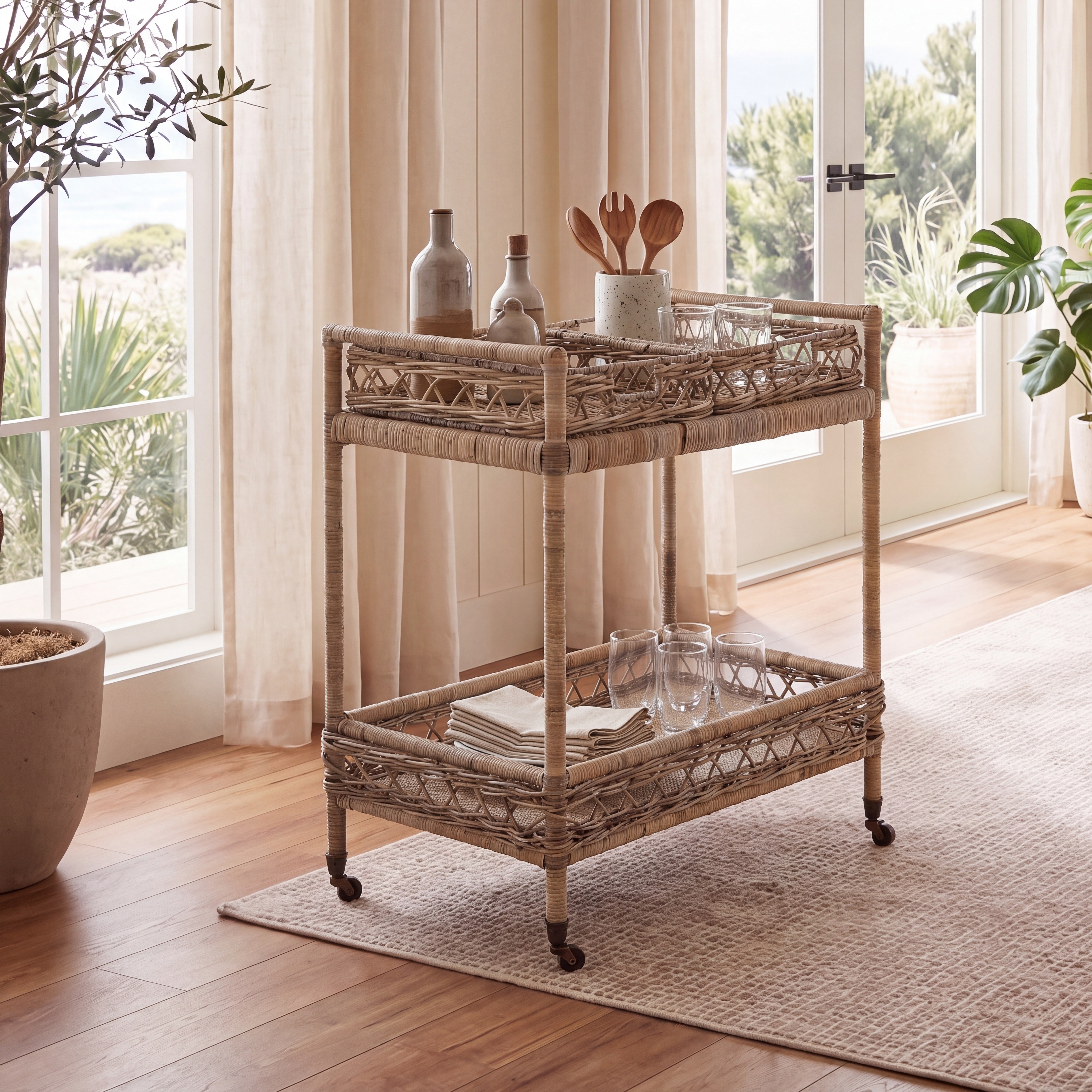 SAFAVIEH Teressa Boho Rattan Bar Cart, 28.7-Inch, Walnut - 29Wx18Dx30H