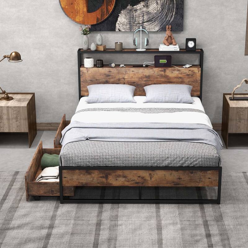 Costway Full/Queen Industrial Platform Bed Frame with Drawer Storage