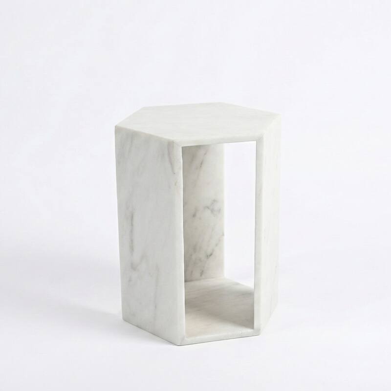Roomfitters Luxury Natural Marble Hexagon Side Table, Solid Stone Geometric Pedestal End Table, Polished Finish
