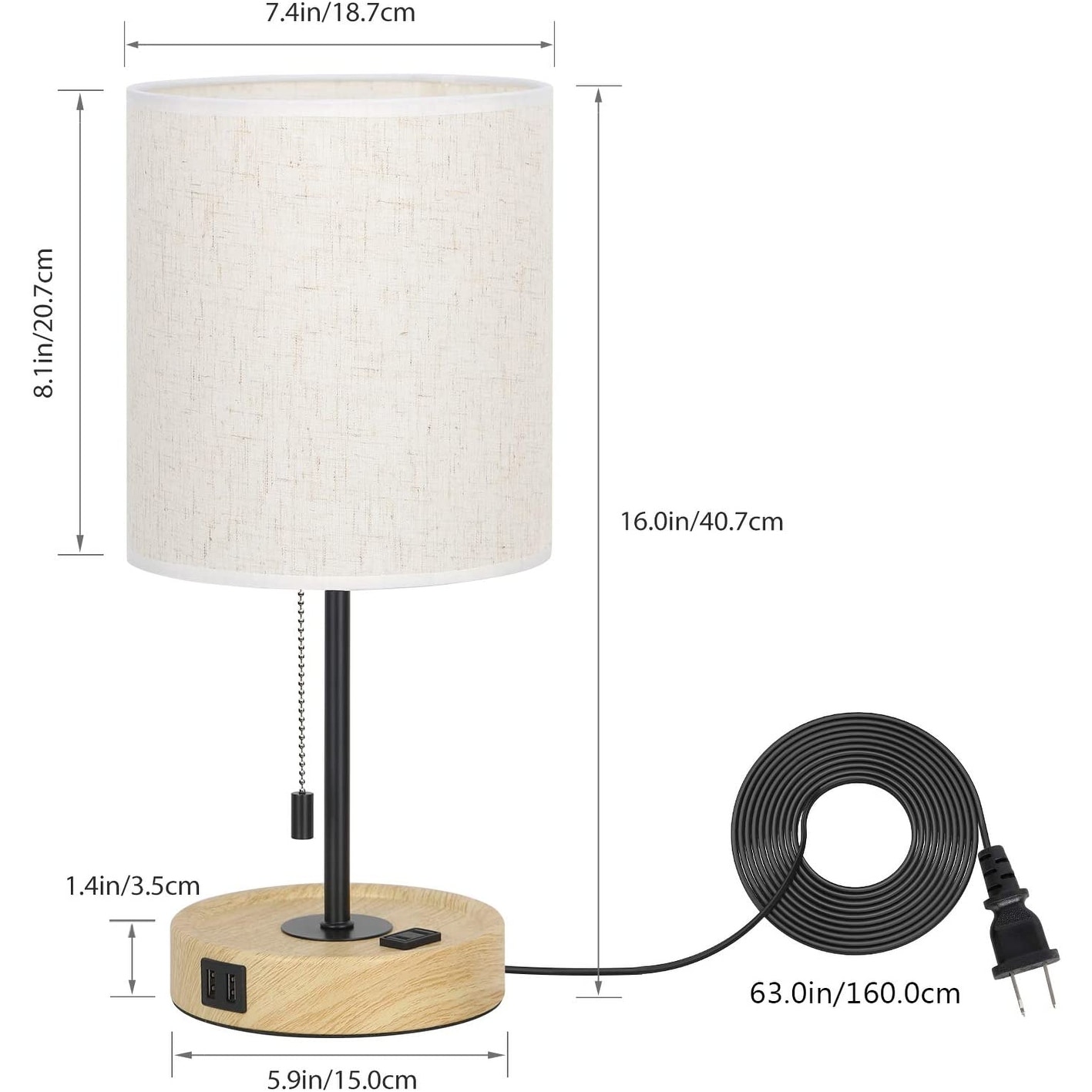 Depuley USB Table Lamp With 2 Charging Ports And AC Outlet, Modern Grey E27 Bedside Lamp, Linen Fabric Shade, Square Bedroom Lamps For Reading, Study