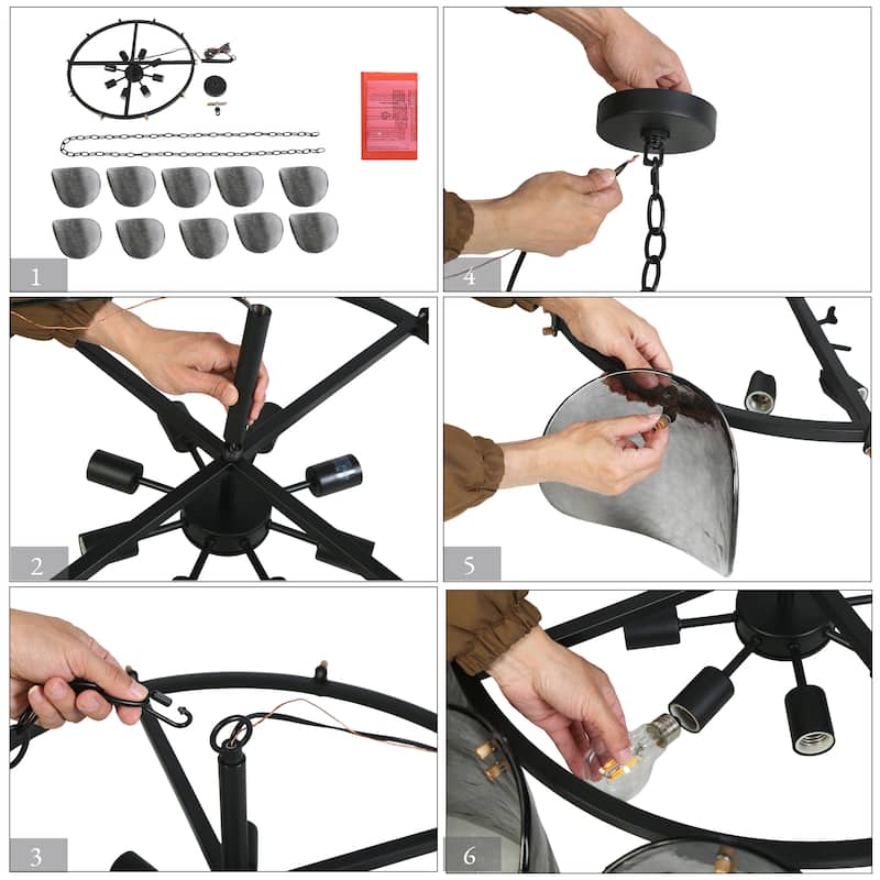 Kasy Modern 8-Light Drum Smoky Glass Chandelier Wagon Wheel Lights for Dining Living Room Bedroom