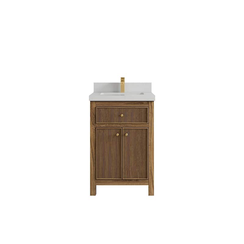 Willow Collections 24 x 22 Sonoma Teak Wood Single Bowl Sink Bathroom Vanity in Golden Teak with Countertop - 2" Carrara Quartz