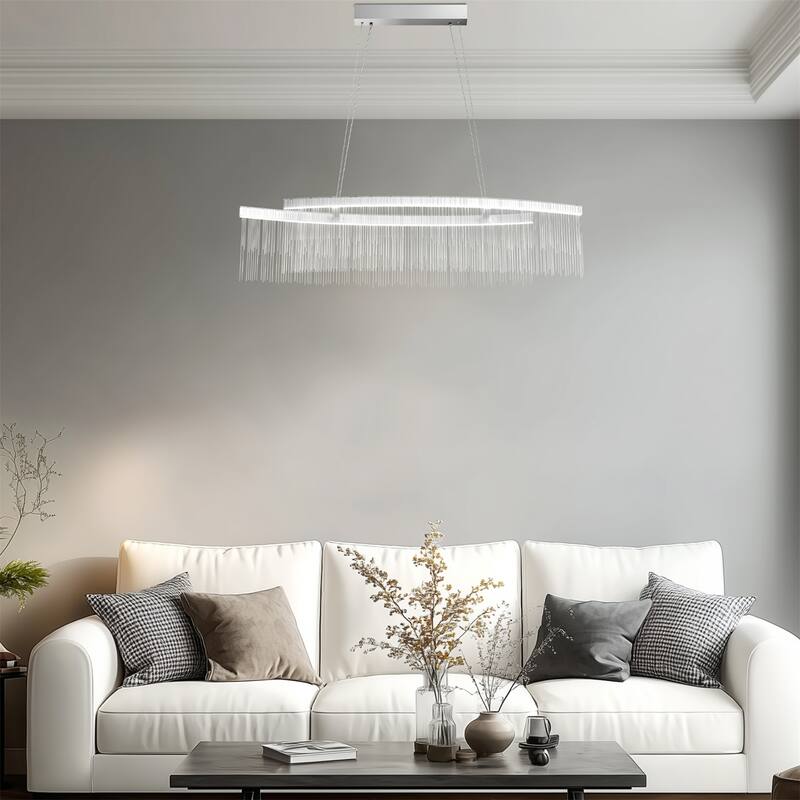 Modern LED Tassel Linear Chandelier Luxury Silver Pendant Light Home