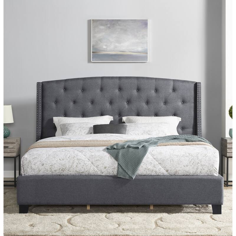Gray Upholstered Polyester Bed with Tufted Wingback