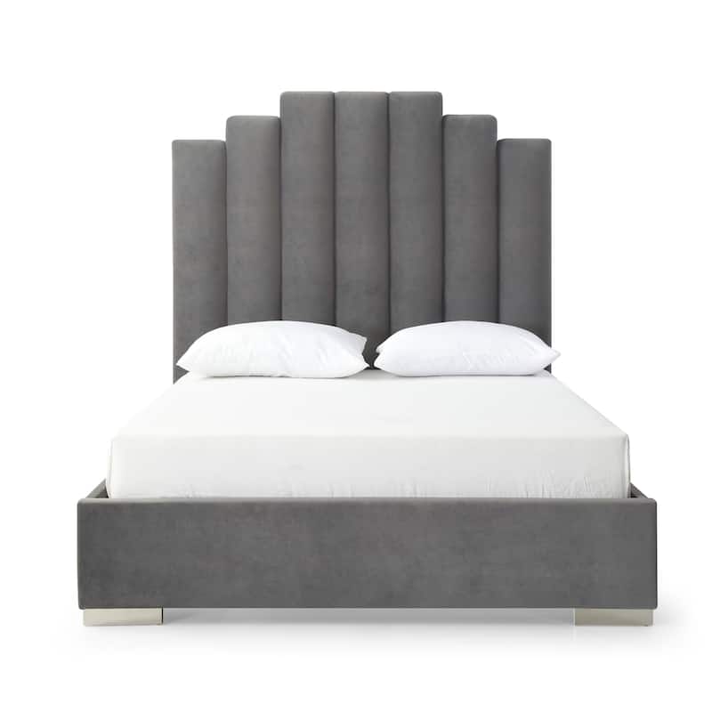 Velvet Upholstered Bed with USB Ports Grey Fabric Platform Bed Frame with Chrome Legs Double Bed