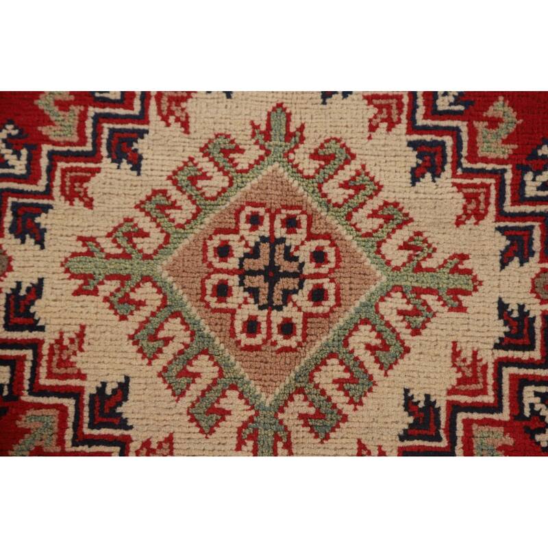 Geometric Kazak Area Rug Handmade Red Wool Carpet - 5'1" x 6'8"