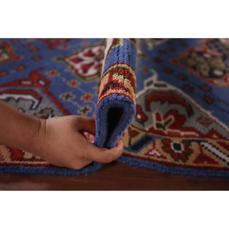 Geometric Blue Kazak Oriental Runner Rug Hand-Knotted Wool Carpet - 2'7"x 8'0"