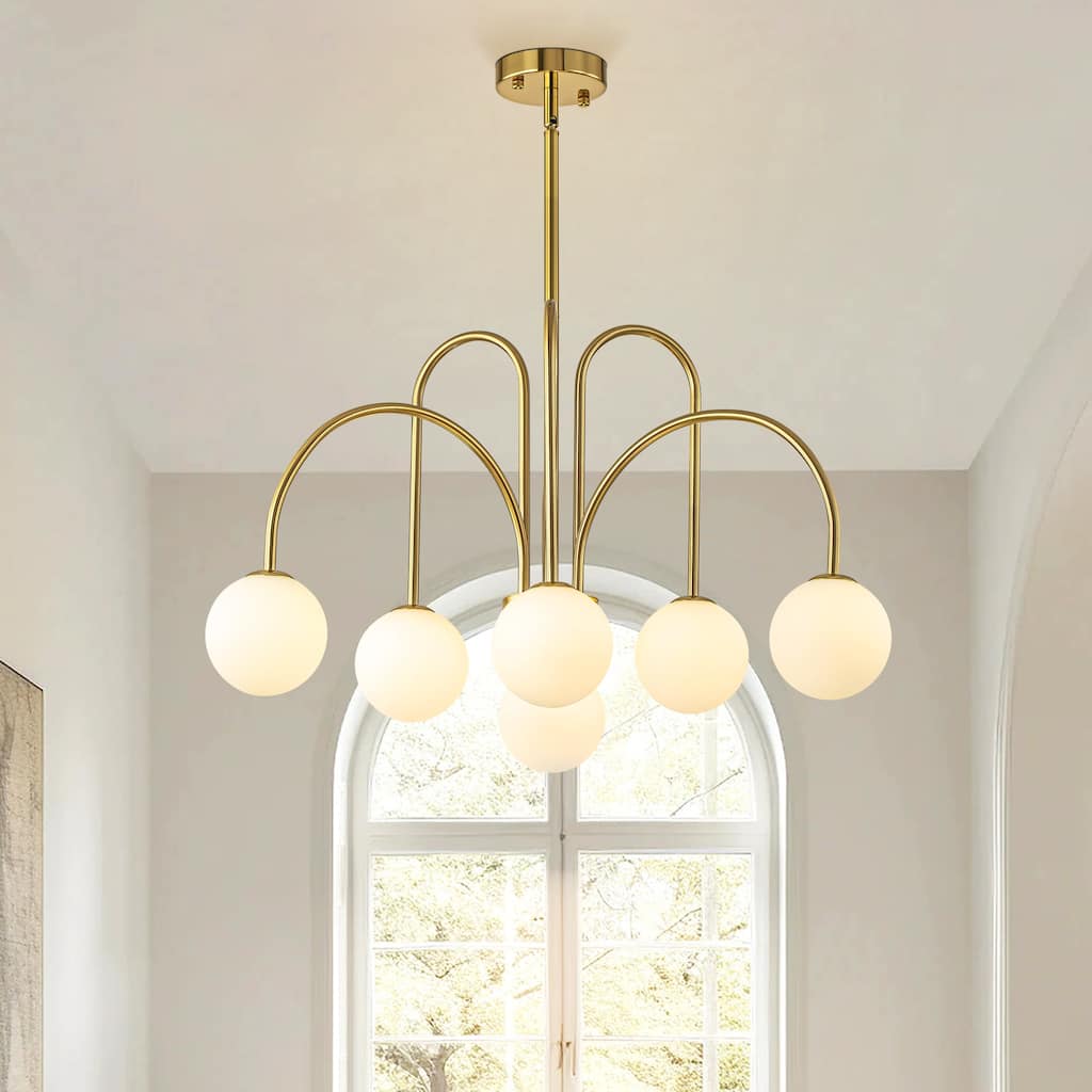 Rennnsan 6-Light Modern Linear Sputnik Branch Frosted Glass Globe Chandelier for Dining Room