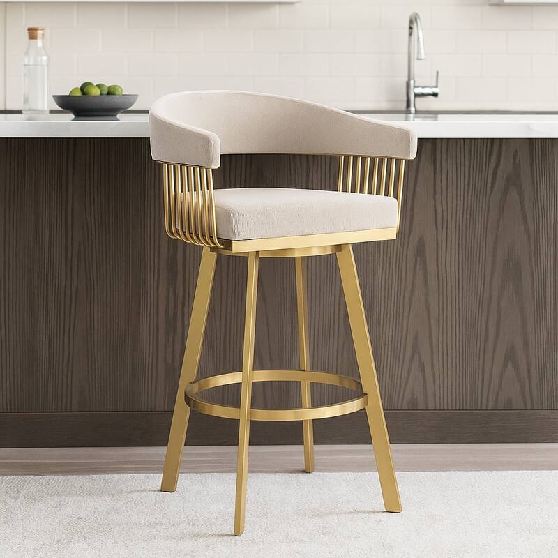Luci Swivel Barstool Chair, Gold Stainless Steel Legs, Taupe Polyester