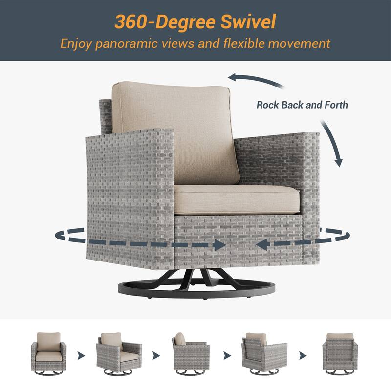 Livoosun Patio Outdoor Furniture Gray Rattan Swiveling Rocker Chairs Set With Thick Cushions