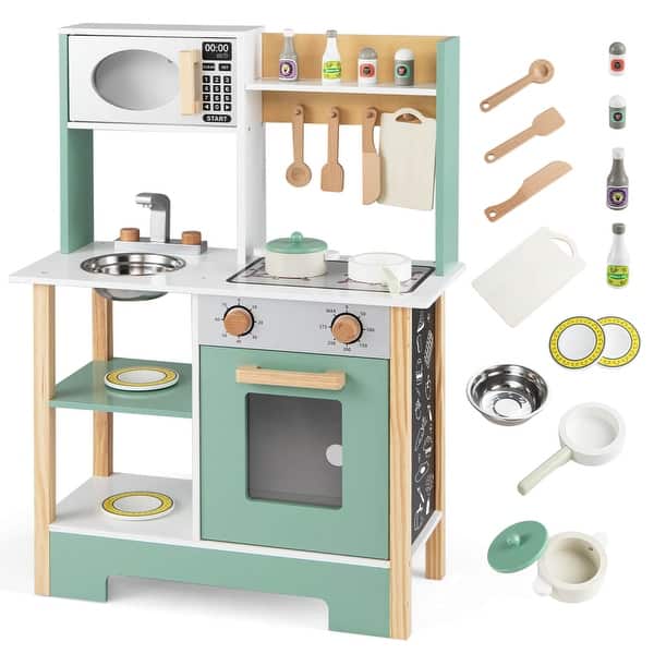 slide 2 of 18, Costway Play Kitchen with Chalkboard Microwave Stove Dish Rack Faucet - See Details Green + White