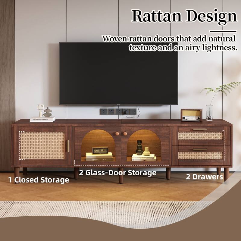 Dark Brown TV Stand for TVs up to 80", Entertainment Center with App Controlled LED Lights, PE Rattan Doors Media Cabinet - Dark Brown