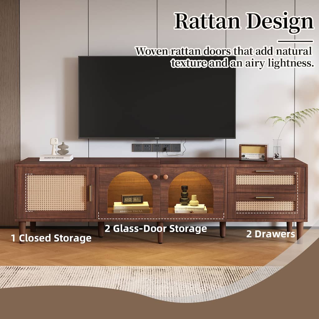 Dark Brown TV Stand for TVs up to 80", Entertainment Center with App Controlled LED Lights, PE Rattan Doors Media Cabinet