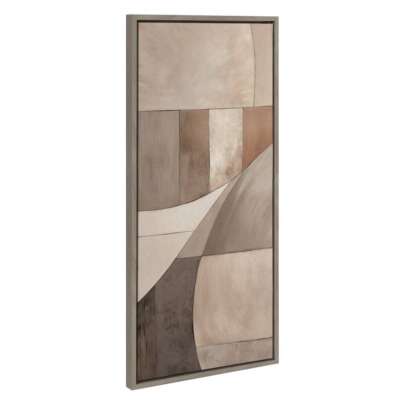 Kate and Laurel Sylvie Curved Grid Abstract on Neutral Linen Framed Canvas by The Creative Bunch Studio - 18x40 - Grey