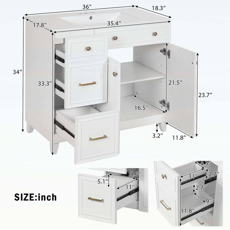 Stylish and Functional Bathroom Vanity with Ceramic Sink,Soft Close Doors,and Double-Layer Drawers for Modern Storage