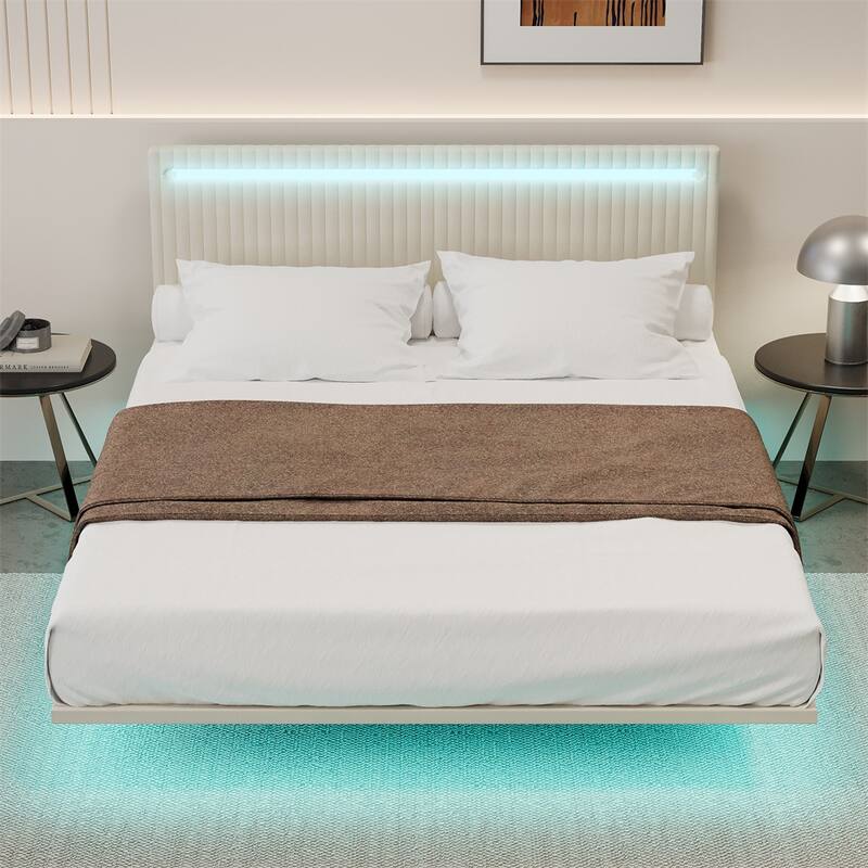 Modern Upholstered Floating Bed Frame w/LED Lights,Velvet Fabric Bed