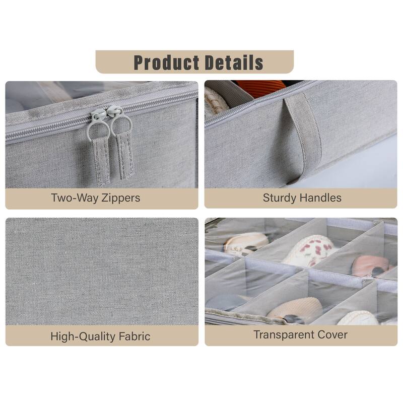 2-Pack Underbed Shoe Storage Organizer with Adjustable Dividers, 24 Pairs Fabric Shoe Storage Box - 30" W x 24.5" D x 5.25" H