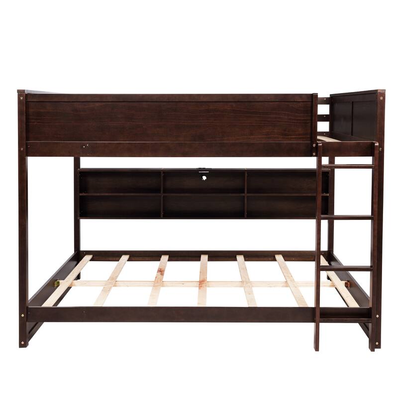 Queen Over Queen Bunk Bed with Built-in Storage Cabinets,Charging Station,Ladder,Safety Guardrails