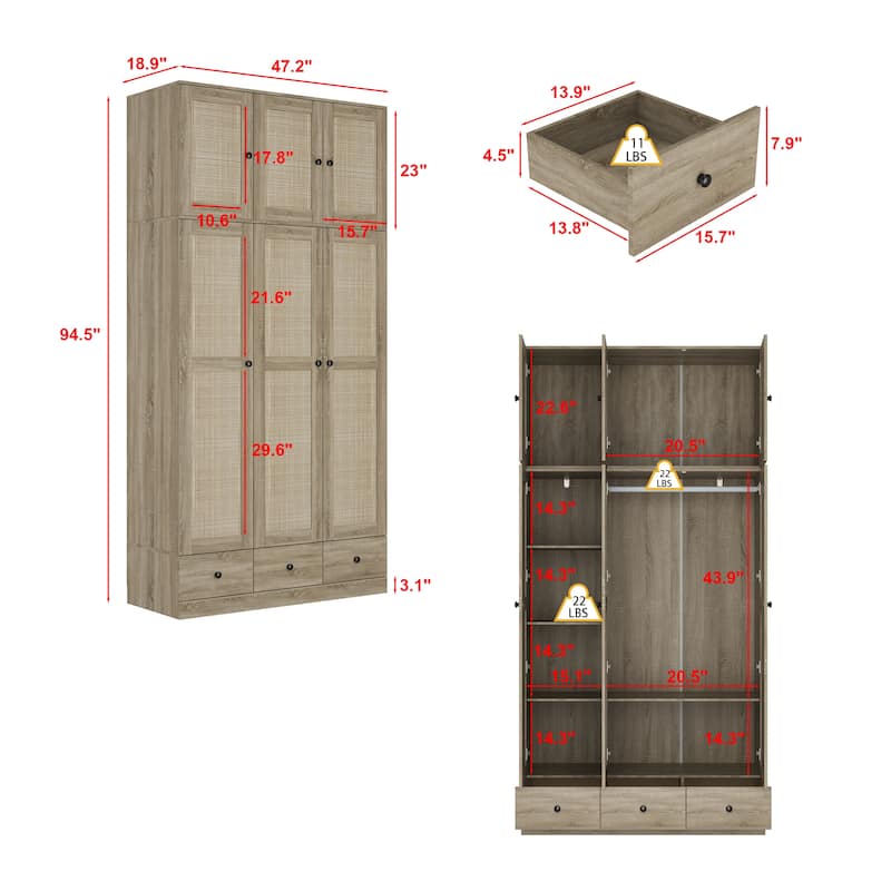 Rattan-Accented Wardrobe - Spacious Clothing Organizer with Style