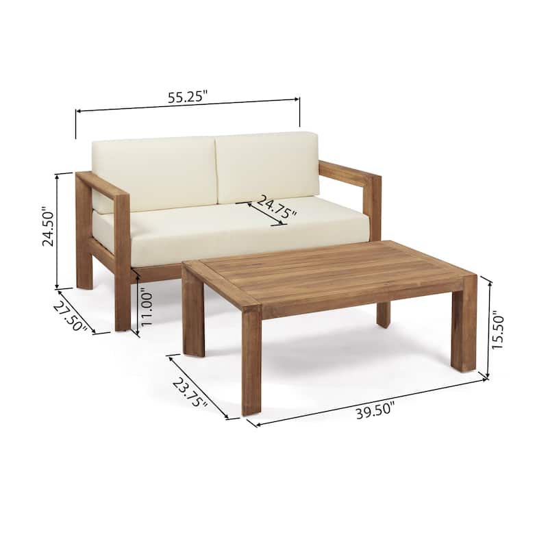 Outdoor Loveseat and Coffee Table Set, Beige Fabric, Brown Acacia Wood