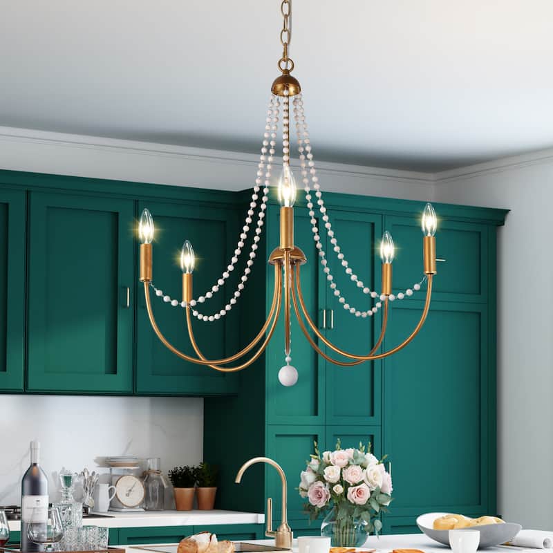 French Country Gold Beaded Empire Chandelier Candle Metal 5-light Dining Room Light - D 25'' x H 25.5'' - D 25'' x H 25.5'' - Antique Gold