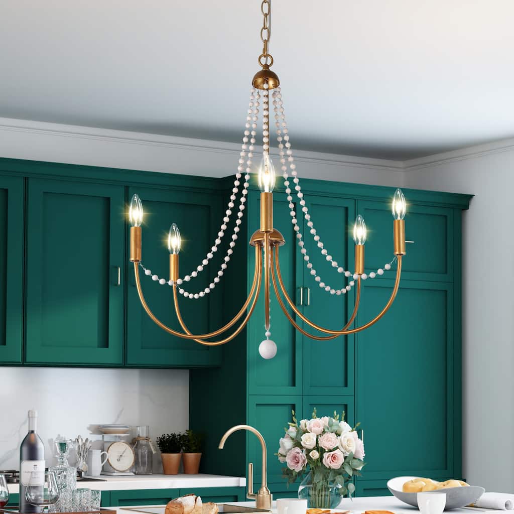 French Country Gold Beaded Empire Chandelier Candle Metal 5-light Dining Room Light - D 25'' x H 25.5''