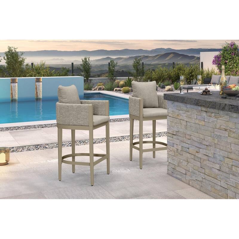 PURPLE LEAF Bar Stool Set of 2 Outdoor Rattan Bar Chair with Back Metal Bar Height Stool Wicker Barstool Dark Grey