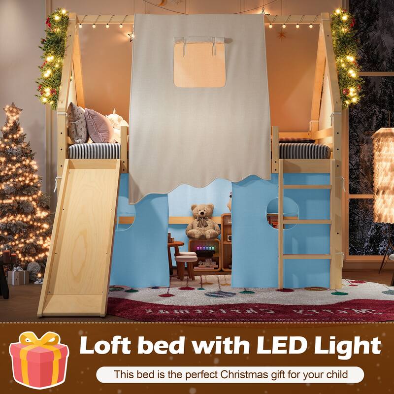 Full Size House Loft Bed with Sills and Tents, Solid Wood Loft Bed with Ladders and Slide, Chic Design with Lights