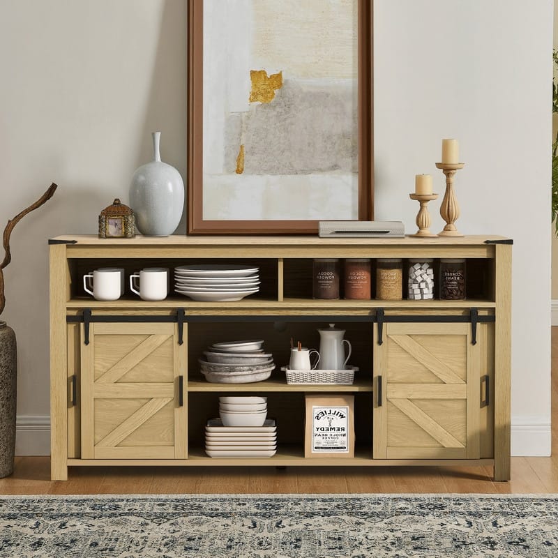 Farmhouse 59.3" Sideboard Buffet with Sliding Barn Doors and Open Storage for Living or Dining Spaces