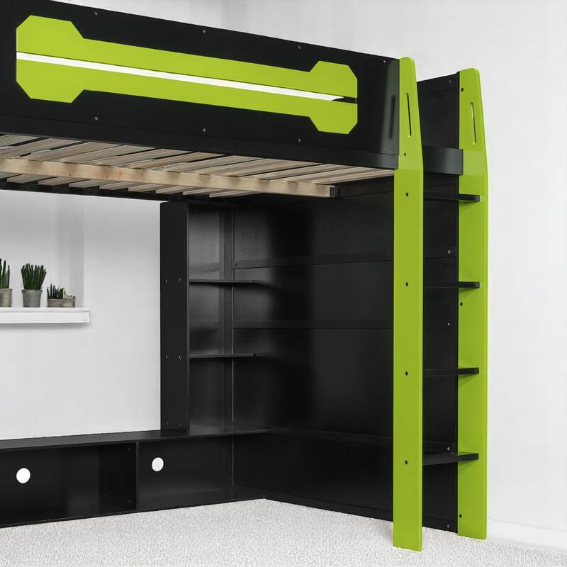 Full Size Gaming Loft Bed with Storage Shelves, Built-in Desk and RGB Light, Sturdy Wood Construction