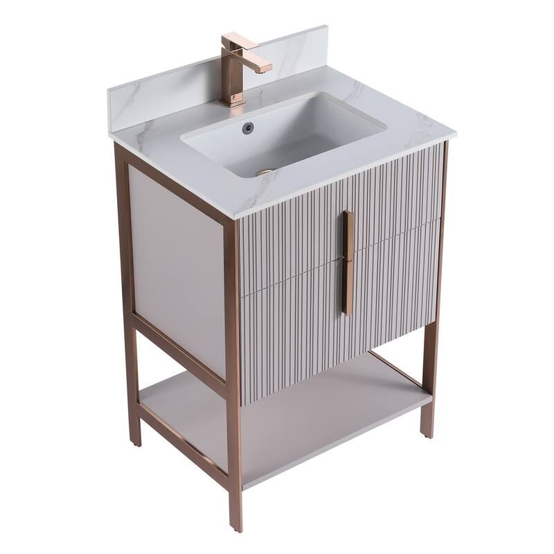 Fine Fixtures Serenity Modern Bathroom Vanity with White Carrara Stone Top - Bright Taupe - Black Hardware - 24 inch