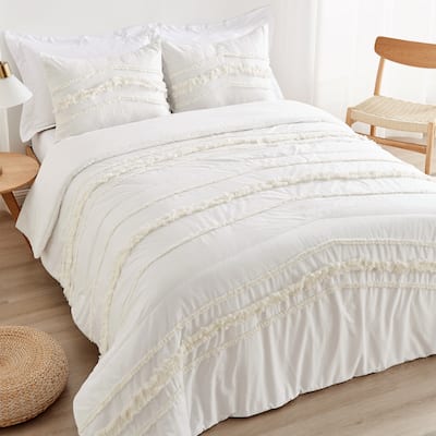Sweet Jojo Designs Ivory Cotton Bohemian Boho Neutral 3p Full/Queen Comforter Set Off White Modern Farmhouse Minimalist Fringe