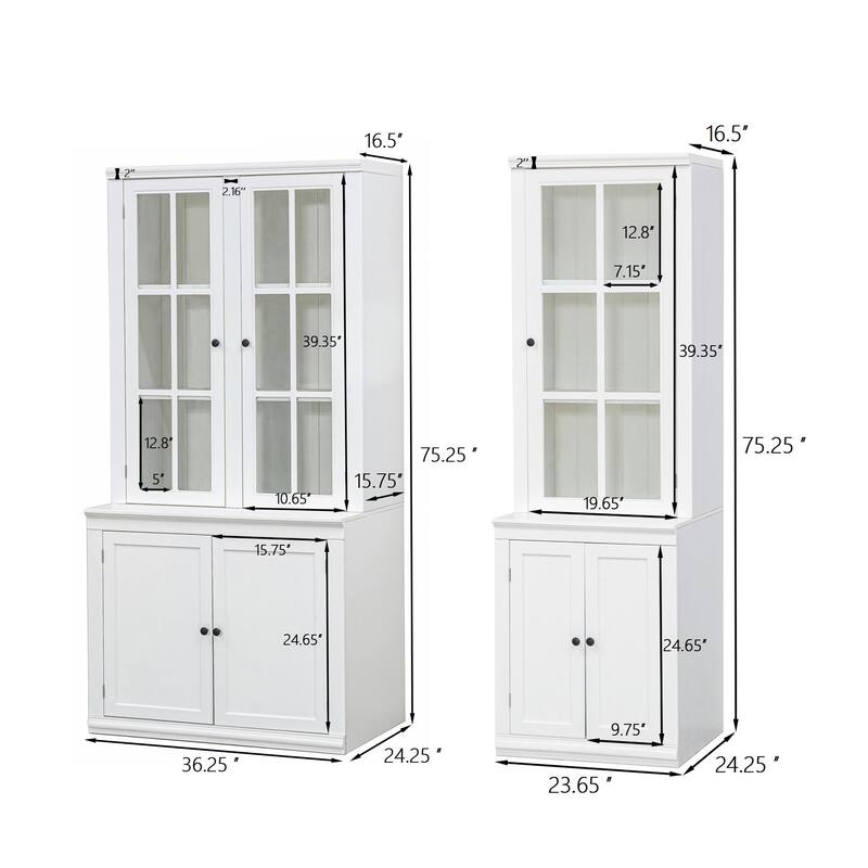 Roomfitters 75.25'' Pantry Cabinet Set with Glass Doors, Farmhouse Display Hutch Wall Storage Cabinet for Kitchen, White